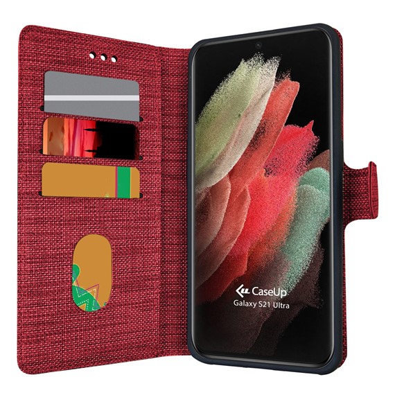 CaseUp Samsung Galaxy S21 Ultra Kılıf Kumaş Desenli Cüzdanlı Kırmızı 1